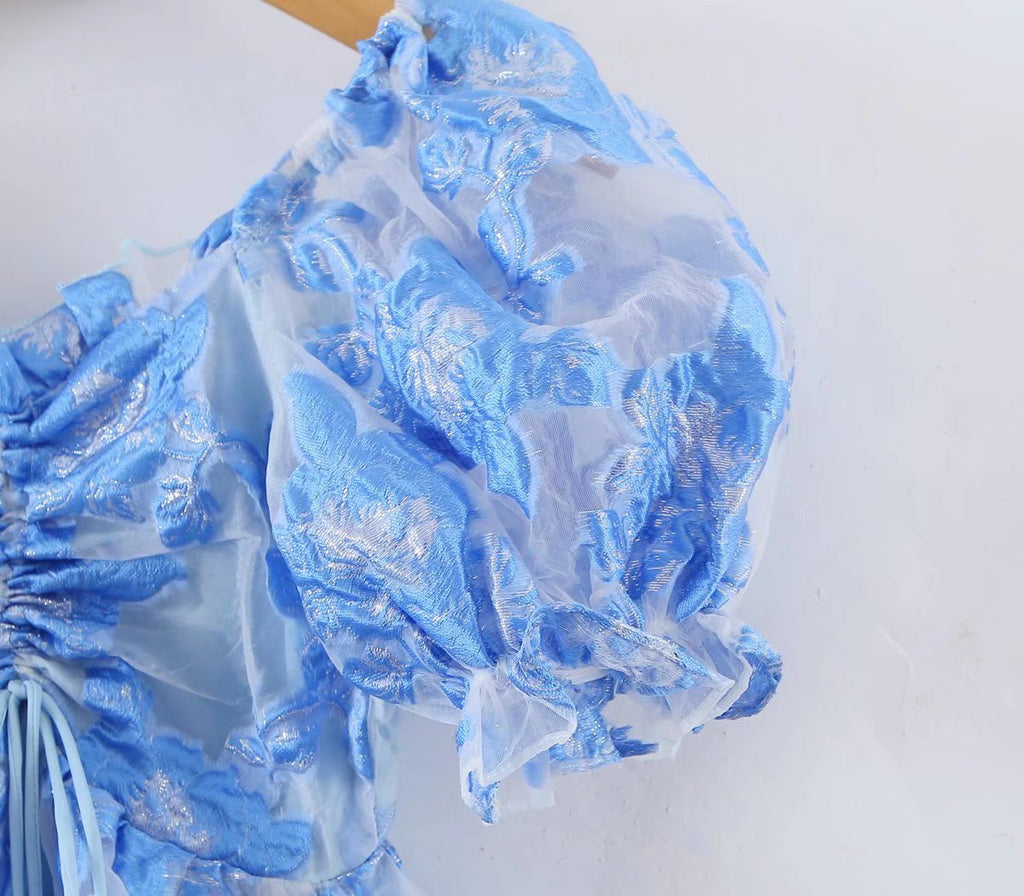 Blue Floral Embroidered Puff-Sleeve Dress