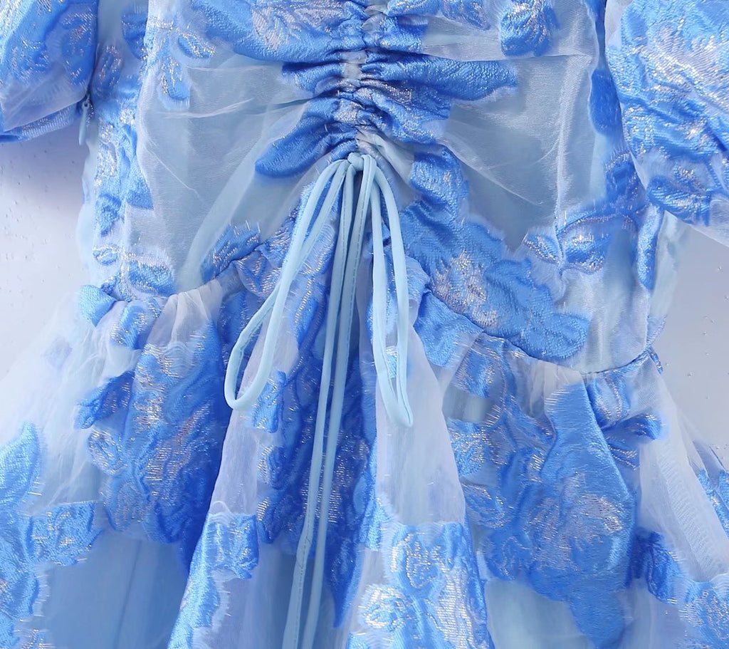 Blue Floral Embroidered Puff-Sleeve Dress