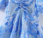 Blue Floral Embroidered Puff-Sleeve Dress