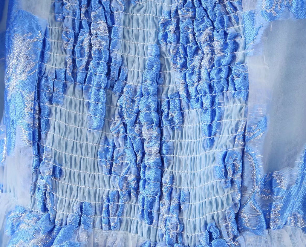 Blue Floral Embroidered Puff-Sleeve Dress