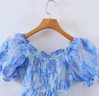 Blue Floral Embroidered Puff-Sleeve Dress