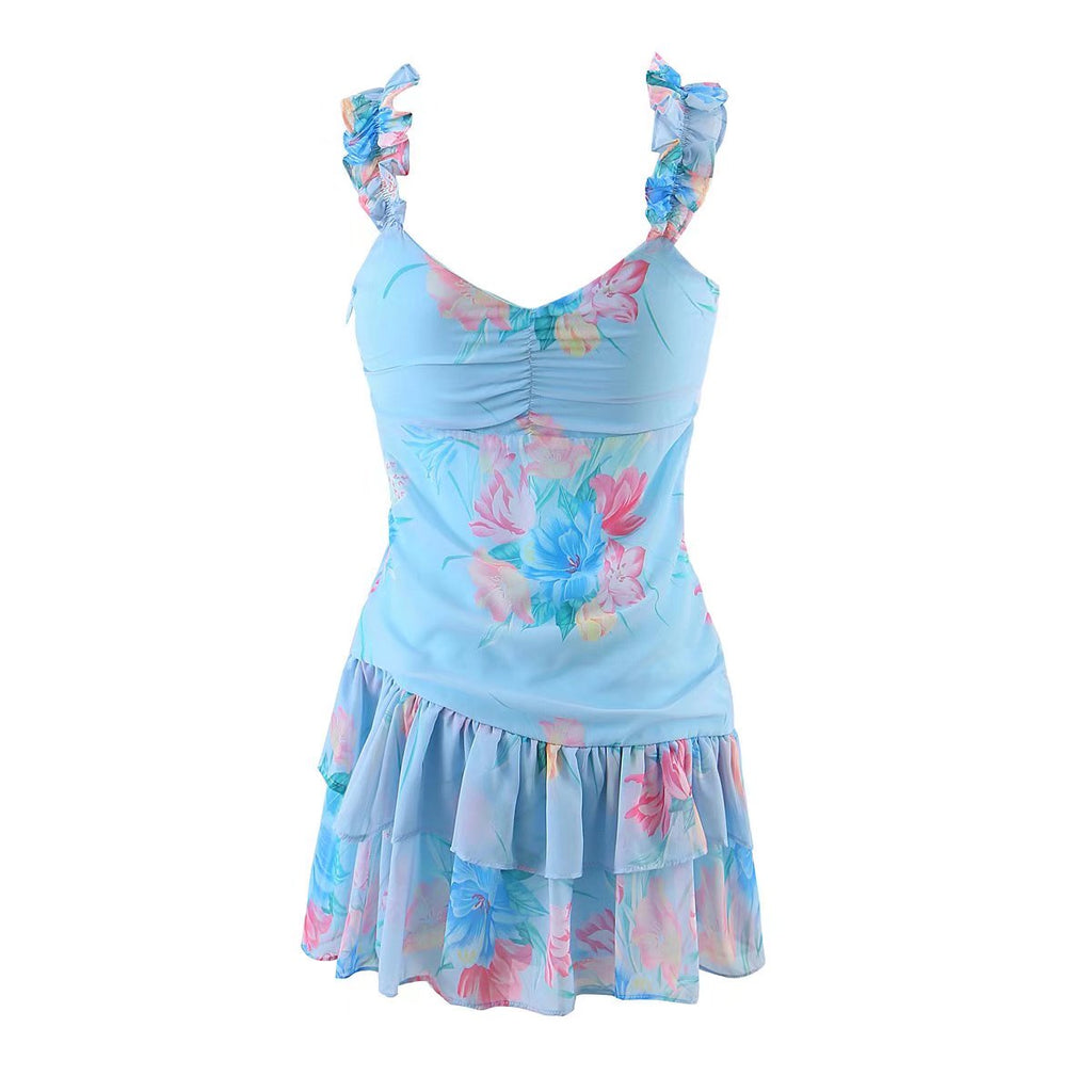 Wooden Ear Floral Print Pleated Ruffled Spaghetti Straps Dress Short