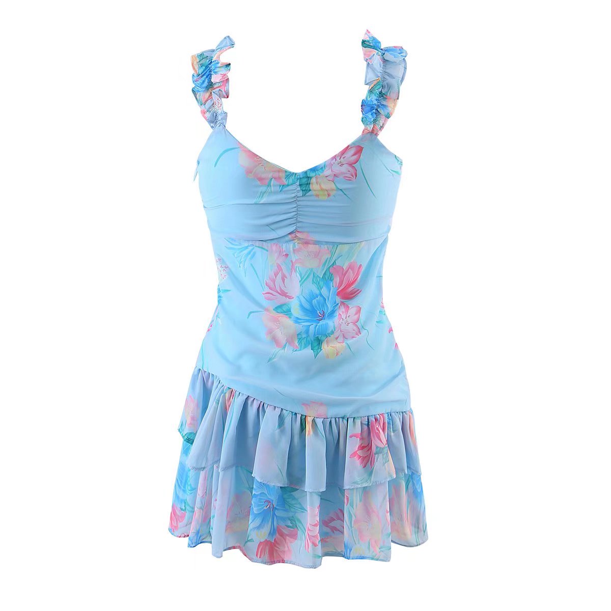 Wooden Ear Floral Print Pleated Ruffled Spaghetti Straps Dress Short