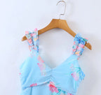 Wooden Ear Floral Print Pleated Ruffled Spaghetti Straps Dress Short
