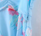 Wooden Ear Floral Print Pleated Ruffled Spaghetti Straps Dress Short