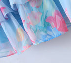 Wooden Ear Floral Print Pleated Ruffled Spaghetti Straps Dress Short