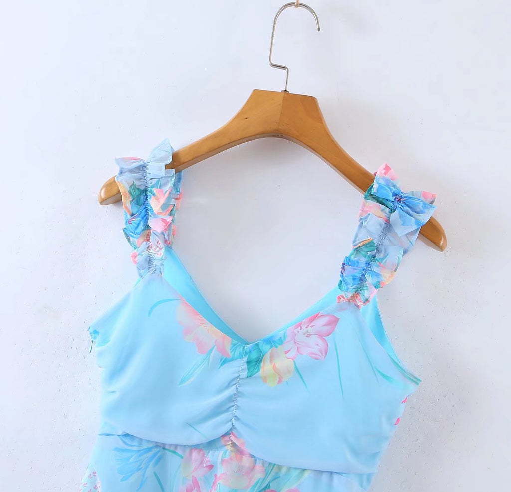 Wooden Ear Floral Print Pleated Ruffled Spaghetti Straps Dress Short