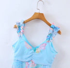 Wooden Ear Floral Print Pleated Ruffled Spaghetti Straps Dress Short