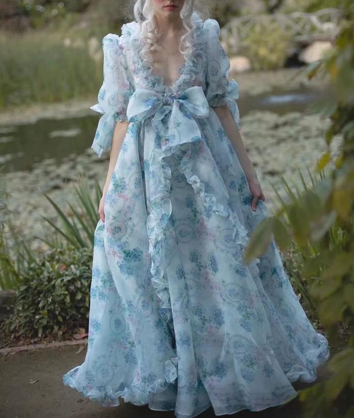 Women's Floral Organza Puff Sleeve Ruffled Maxi Dress