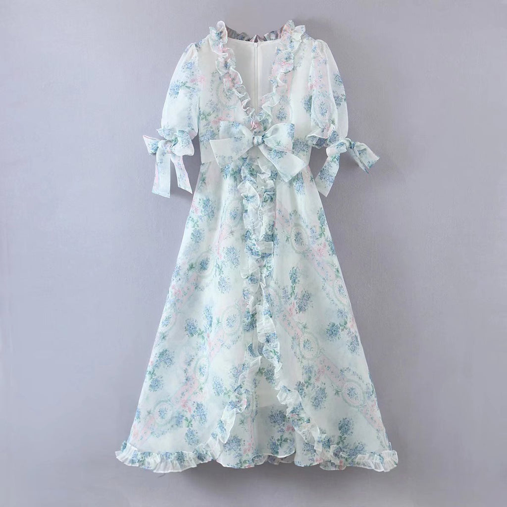 Women's Floral Organza Puff Sleeve Ruffled Maxi Dress