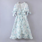 Women's Floral Organza Puff Sleeve Ruffled Maxi Dress