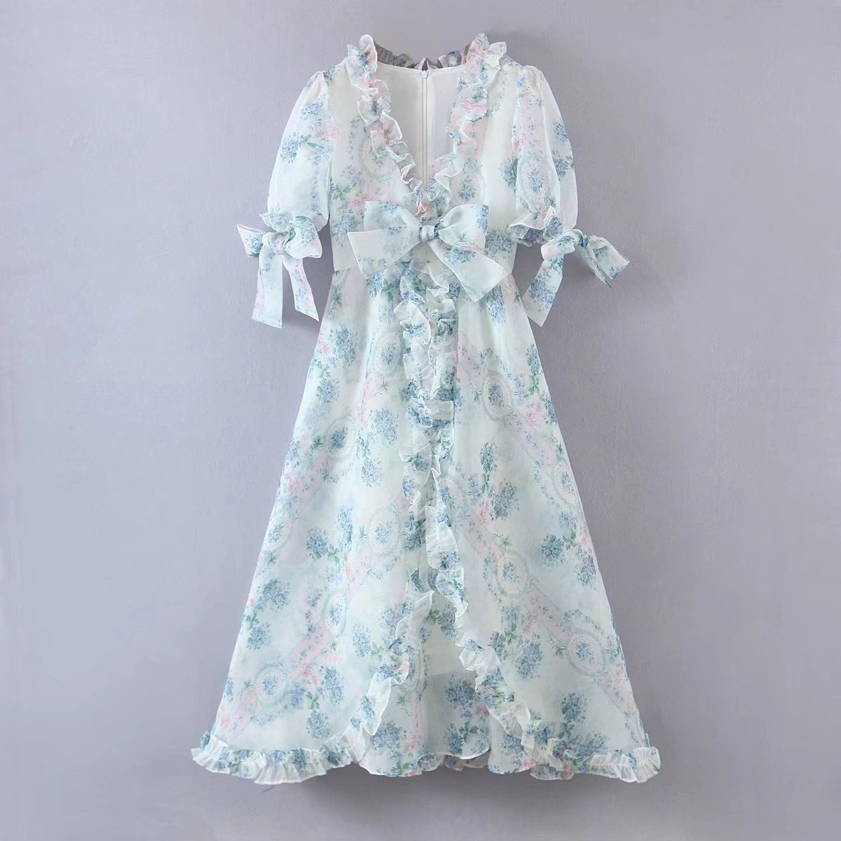 Women's Floral Organza Puff Sleeve Ruffled Maxi Dress