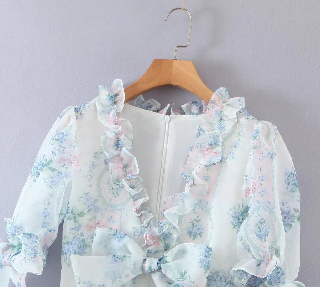 Women's Floral Organza Puff Sleeve Ruffled Maxi Dress