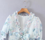 Women's Floral Organza Puff Sleeve Ruffled Maxi Dress