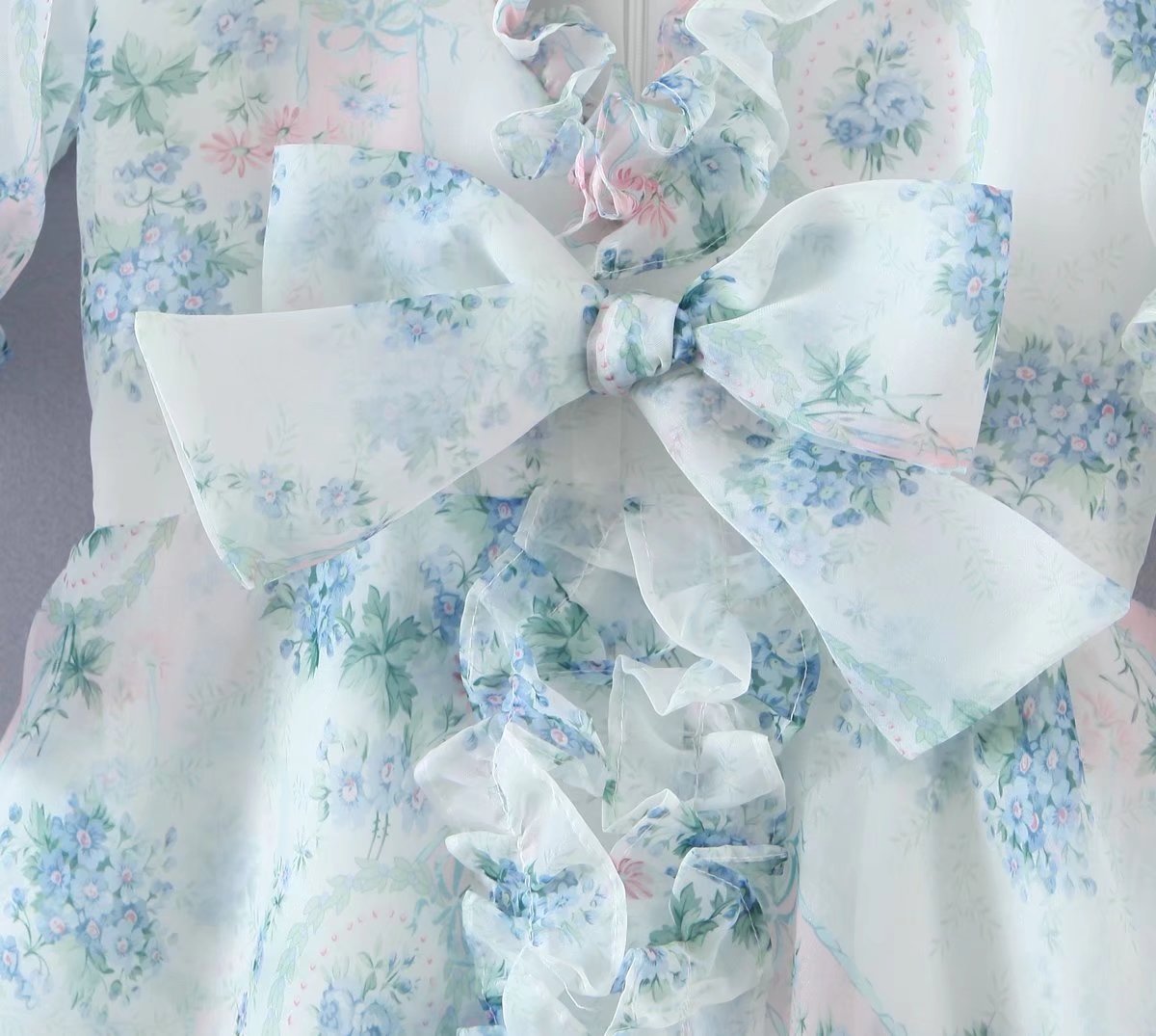 Women's Floral Organza Puff Sleeve Ruffled Maxi Dress
