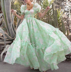 Women's Floral Organza Puff Sleeve Princess Maxi Dress