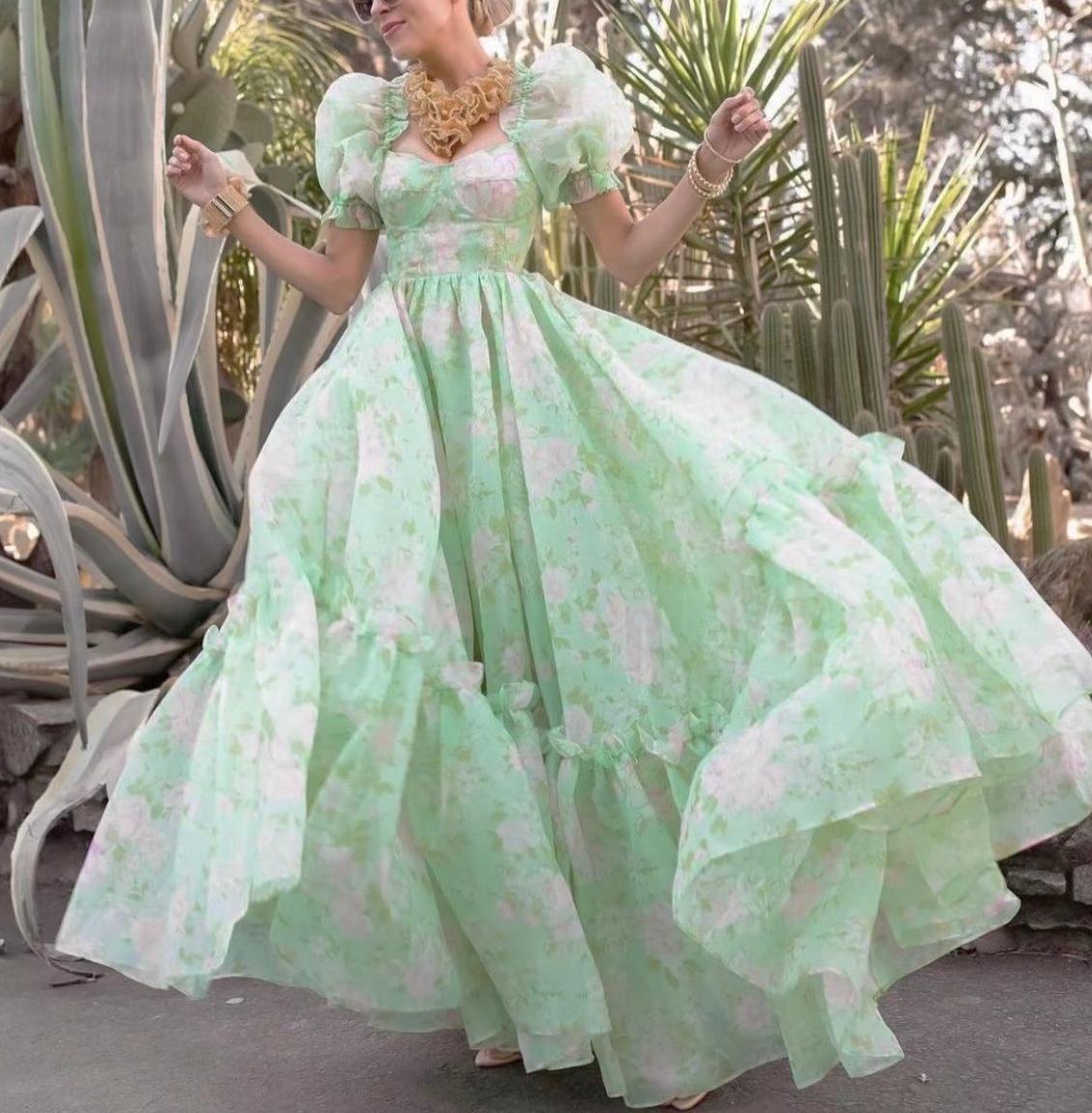 Women's Floral Organza Puff Sleeve Princess Maxi Dress