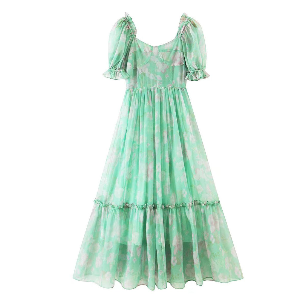Women's Floral Organza Puff Sleeve Princess Maxi Dress