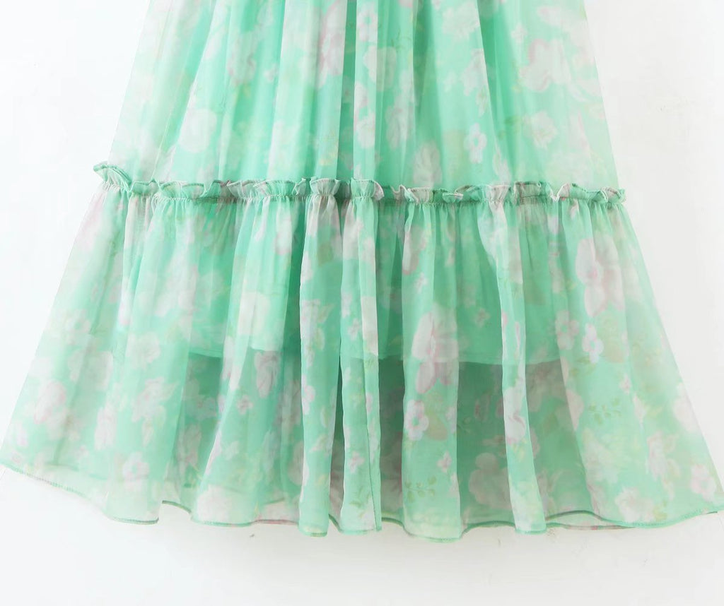 Women's Floral Organza Puff Sleeve Princess Maxi Dress