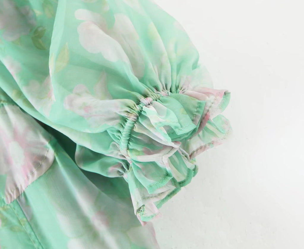 Women's Floral Organza Puff Sleeve Princess Maxi Dress