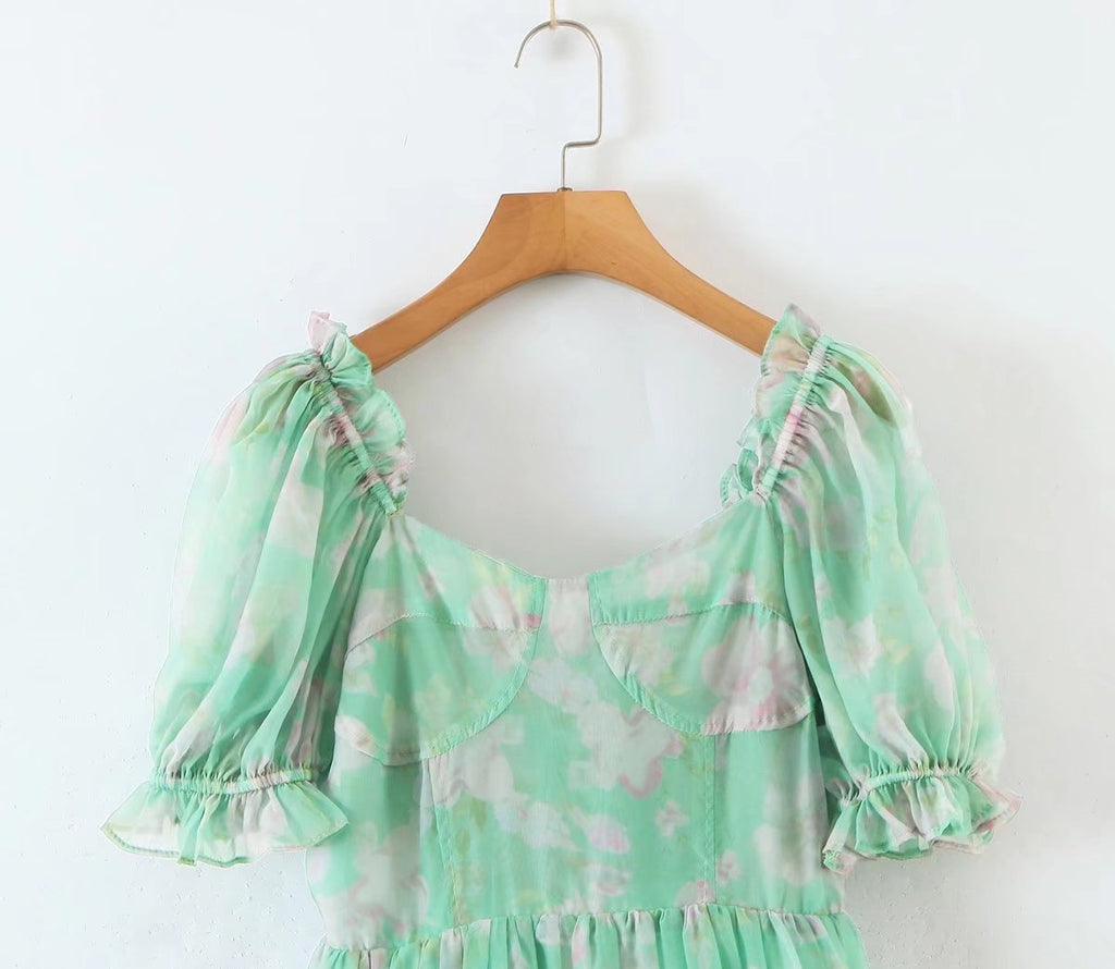 Women's Floral Organza Puff Sleeve Princess Maxi Dress