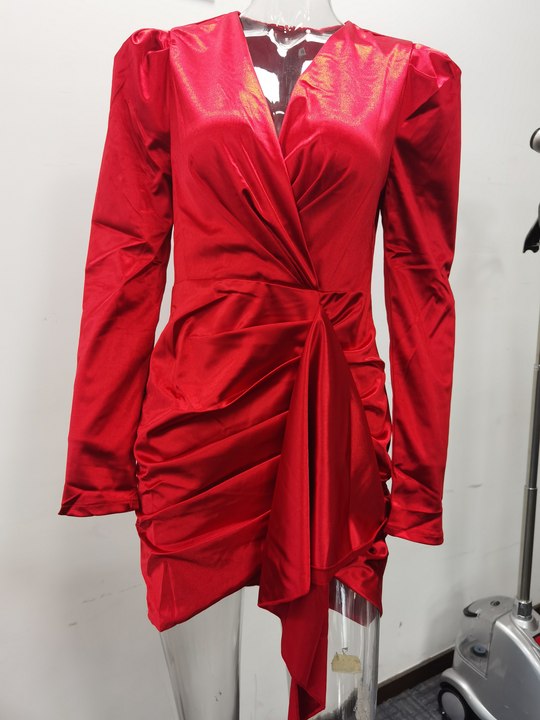 Women's Popular Women Clothing Spring Autumn Long Sleeve Sexy V-Neck Party Red Dress