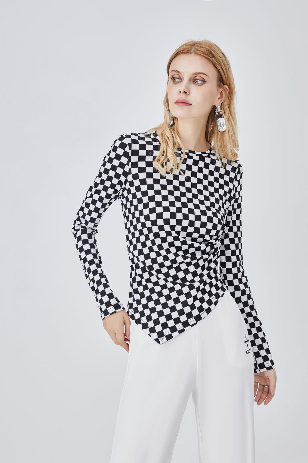 Women's Black and White Plaid Asymmetric Top
