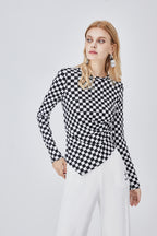 Women's Black and White Plaid Asymmetric Top