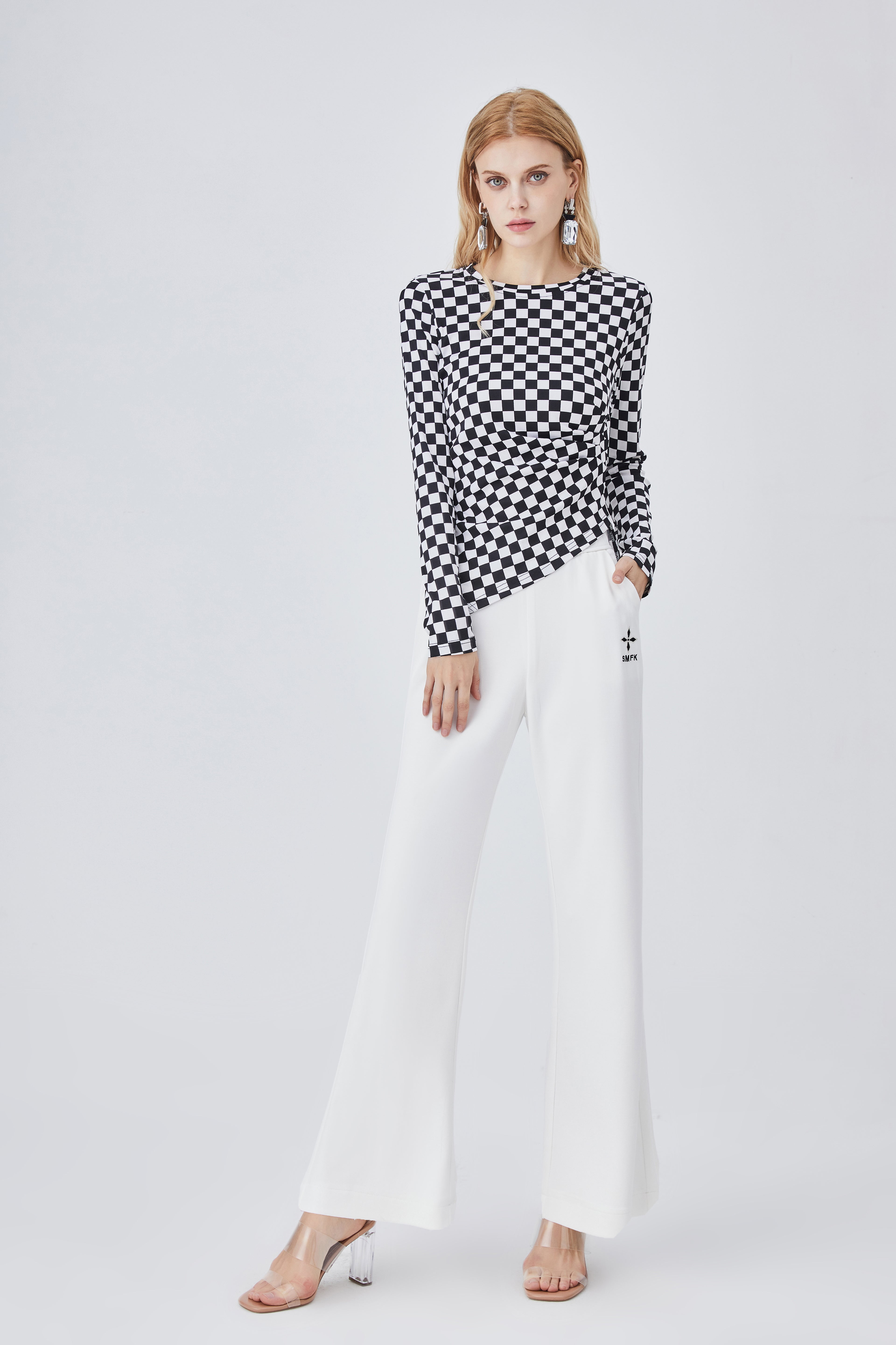 Women's Black and White Plaid Asymmetric Top