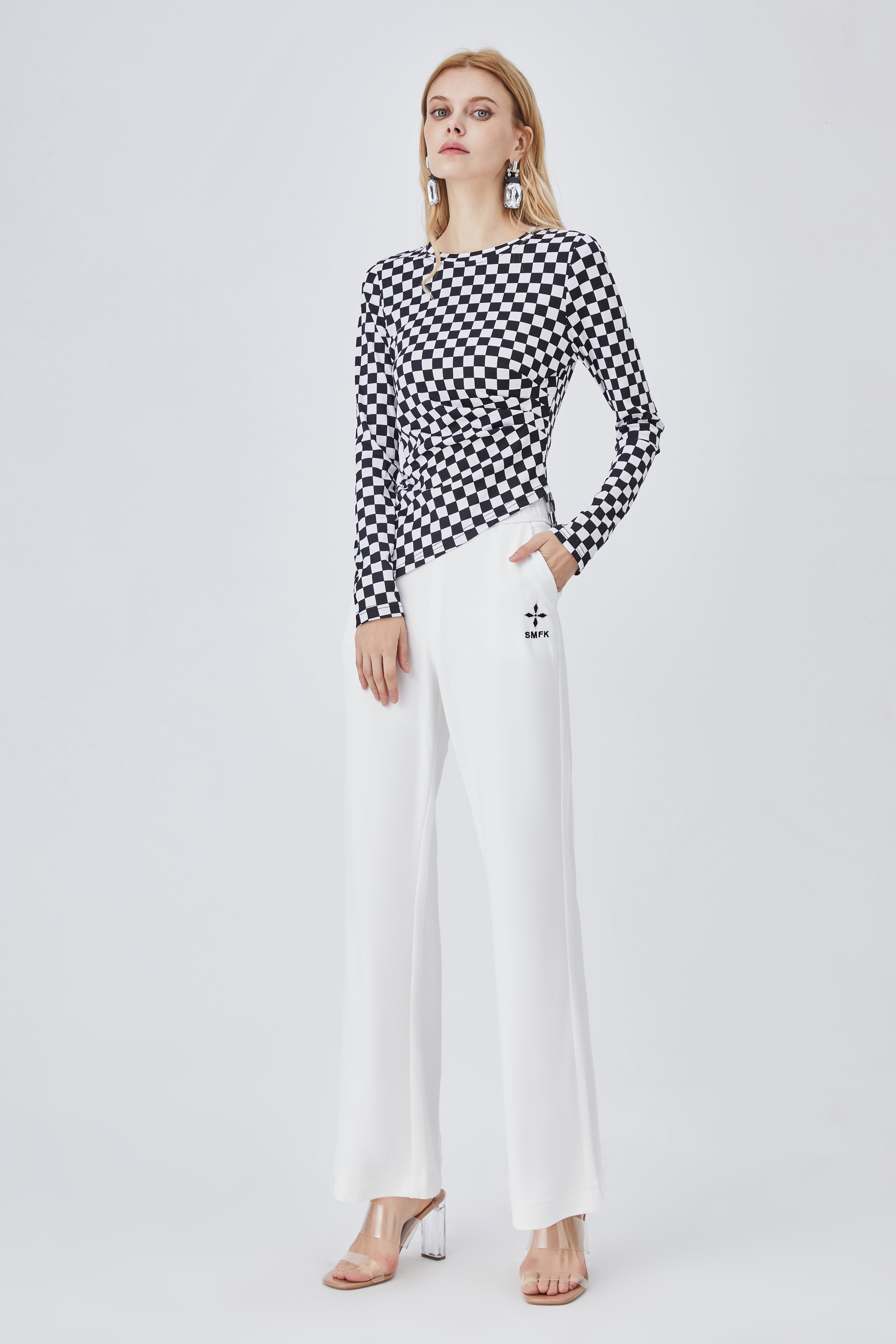 Women's Black and White Plaid Asymmetric Top