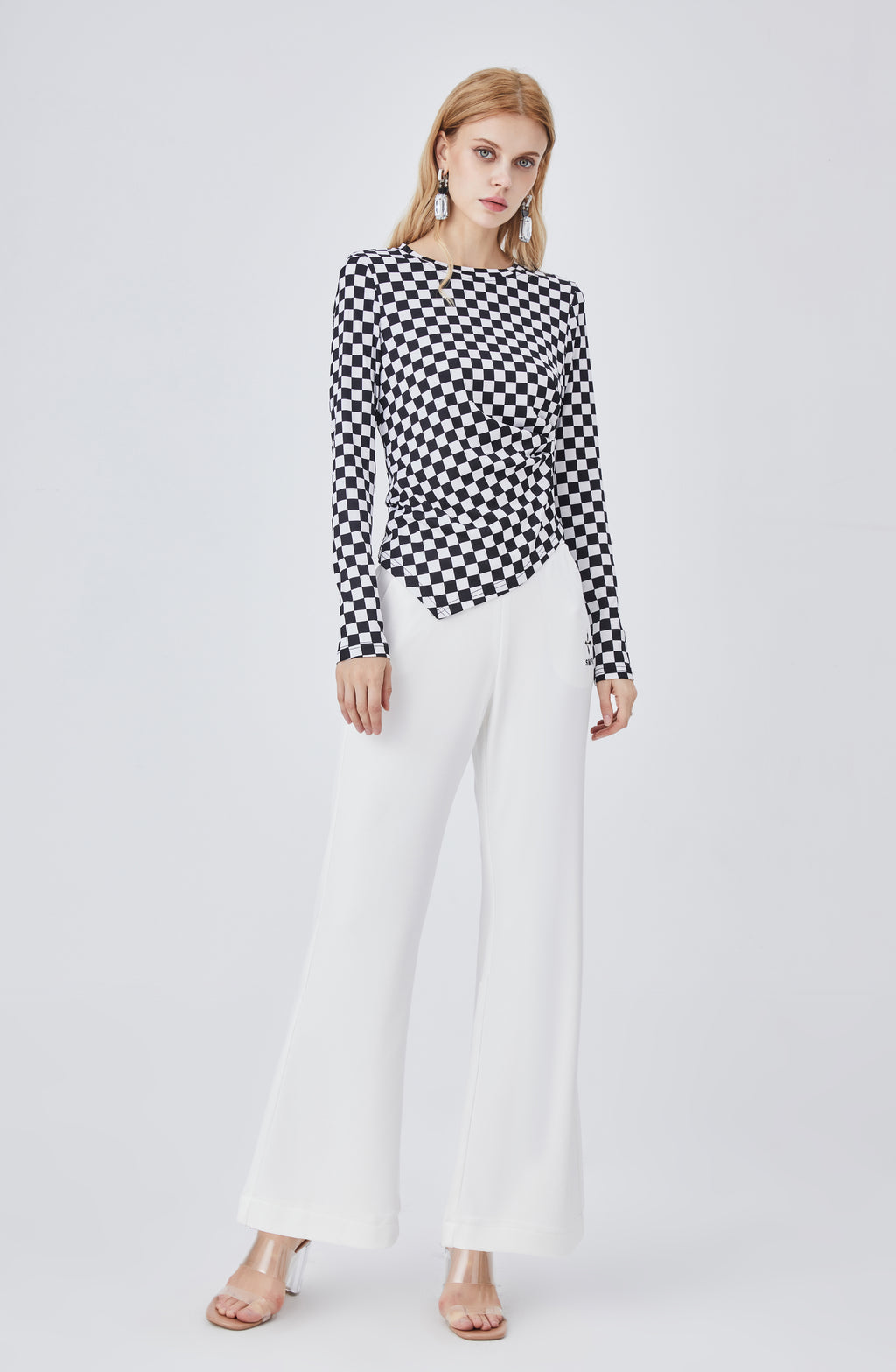 Women's Black and White Plaid Asymmetric Top