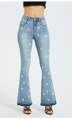 Wide Leg Embroidered Horn Daisy Jeans