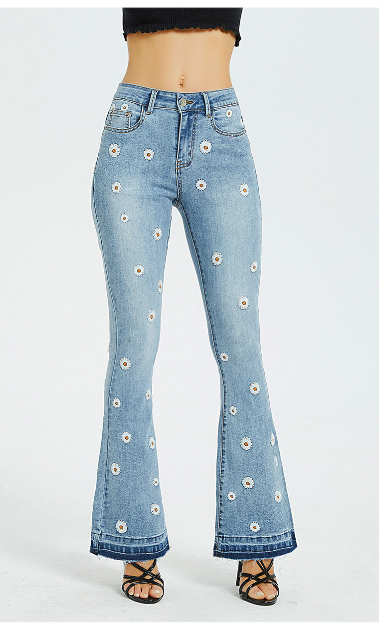 Wide Leg Embroidered Horn Daisy Jeans