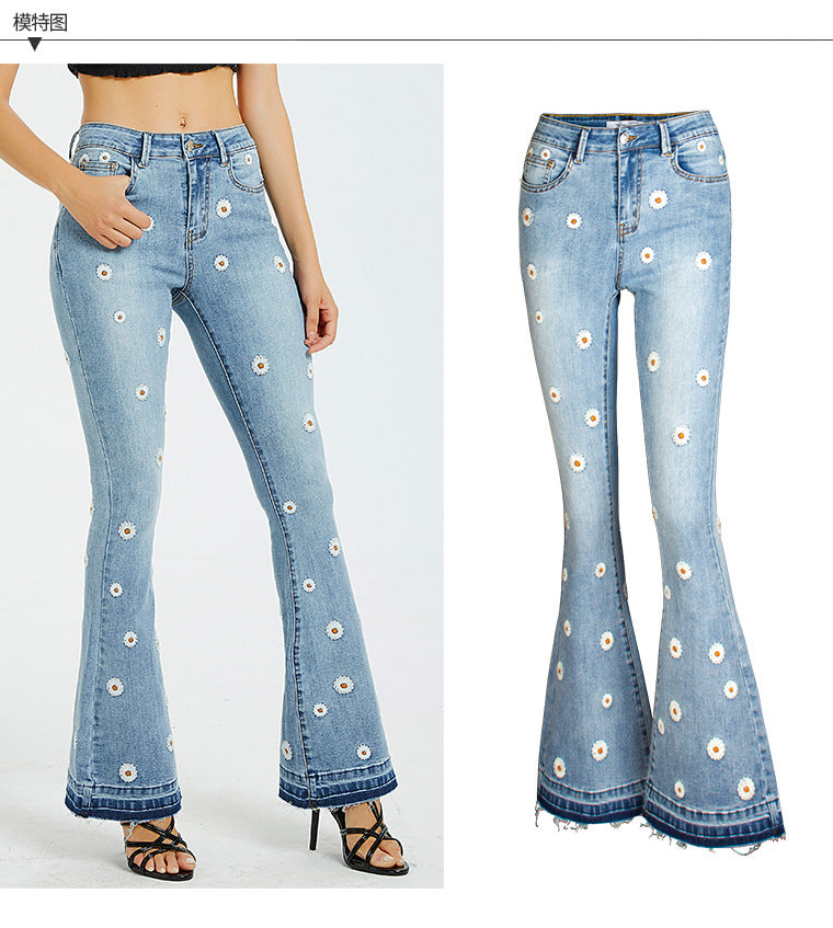 Wide Leg Embroidered Horn Daisy Jeans