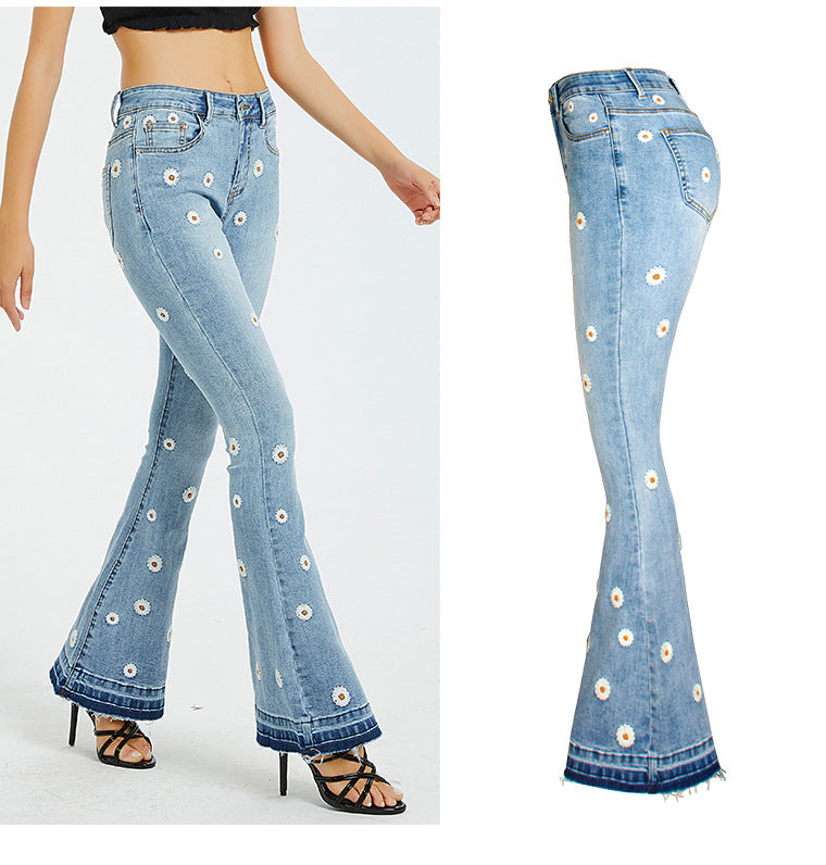 Wide Leg Embroidered Horn Daisy Jeans