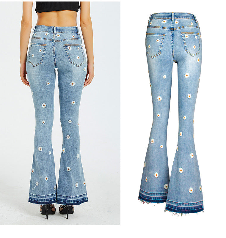 Wide Leg Embroidered Horn Daisy Jeans