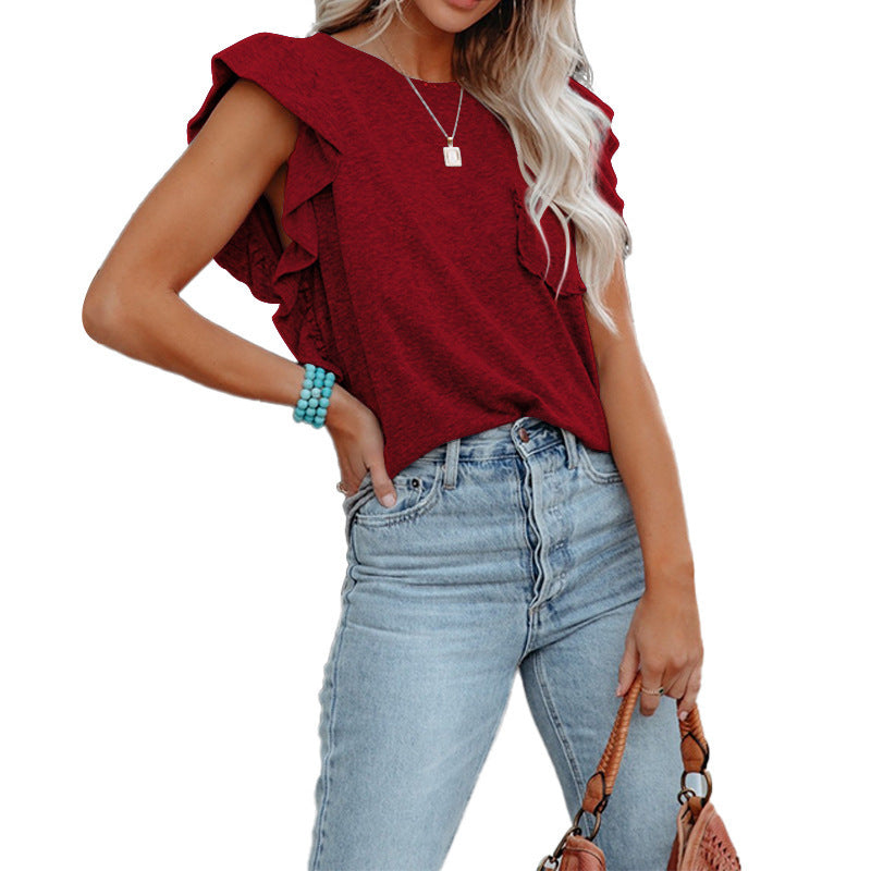 Women's Ruffle Flutter-Sleeve T-Shirt – Crew Neck Top