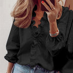 Women's Ruffle V-Neck Blouse – Long-Sleeve Button Front
