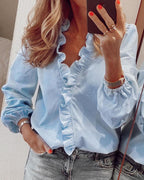Women's Ruffle V-Neck Blouse – Long-Sleeve Button Front
