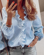 Women's Ruffle V-Neck Blouse – Long-Sleeve Button Front