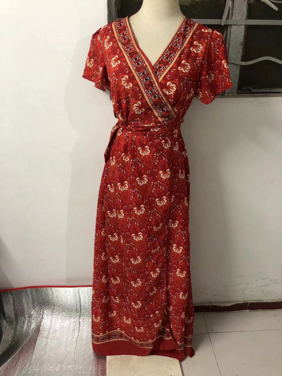 Floral V-Neck Ruffled Wrap Vacation Maxi Dress