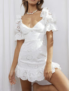 Full Lace Short-Sleeve Ruffled Dress