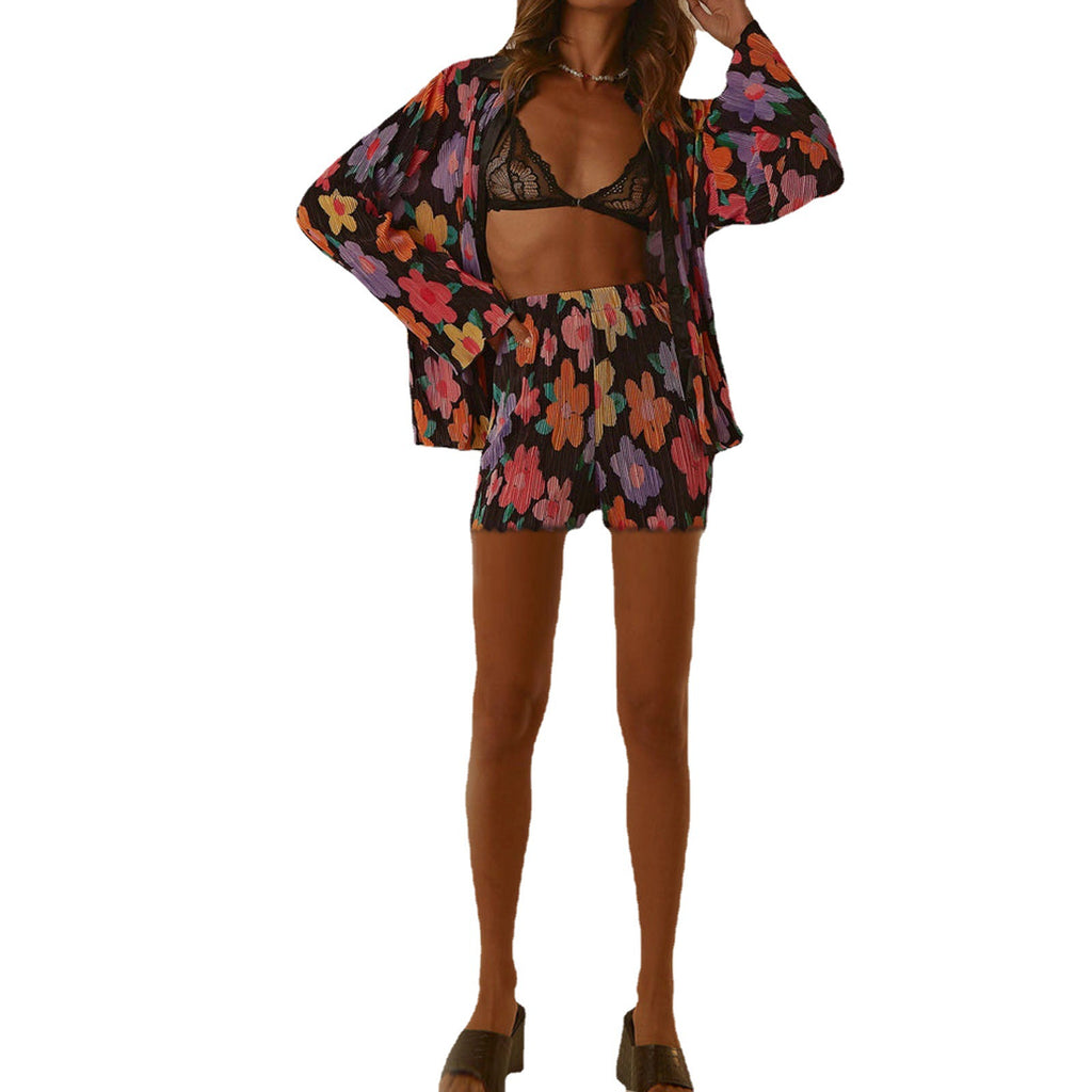 Spring Summer Suit Shirt Long-Sleeve Floral Printing Collared Cardigan Shorts Two-Piece Set