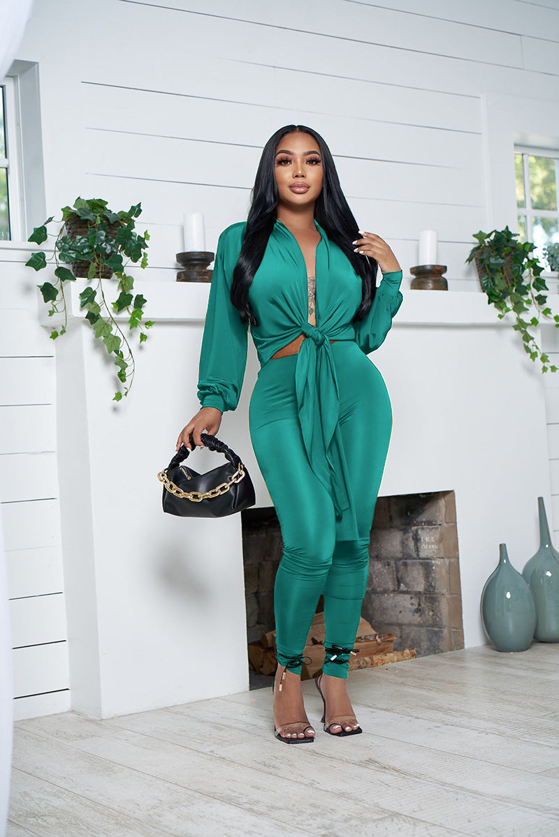 Solid Color Cardigan Bundle Long-Sleeved Casual Tight Trousers Suit Two-Piece Set