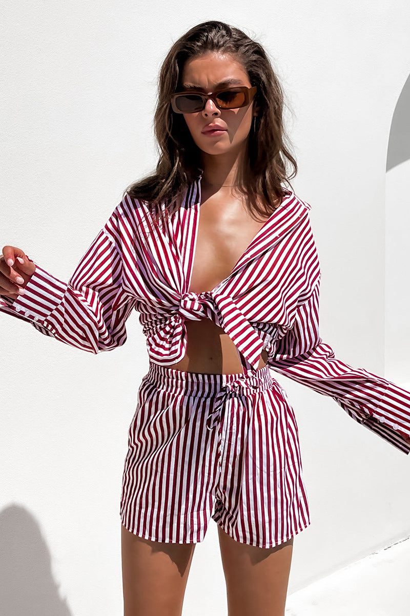 Spring Summer Office Casual Pants Suit Shirt Striped Long-Sleeve Split Two-Piece Set