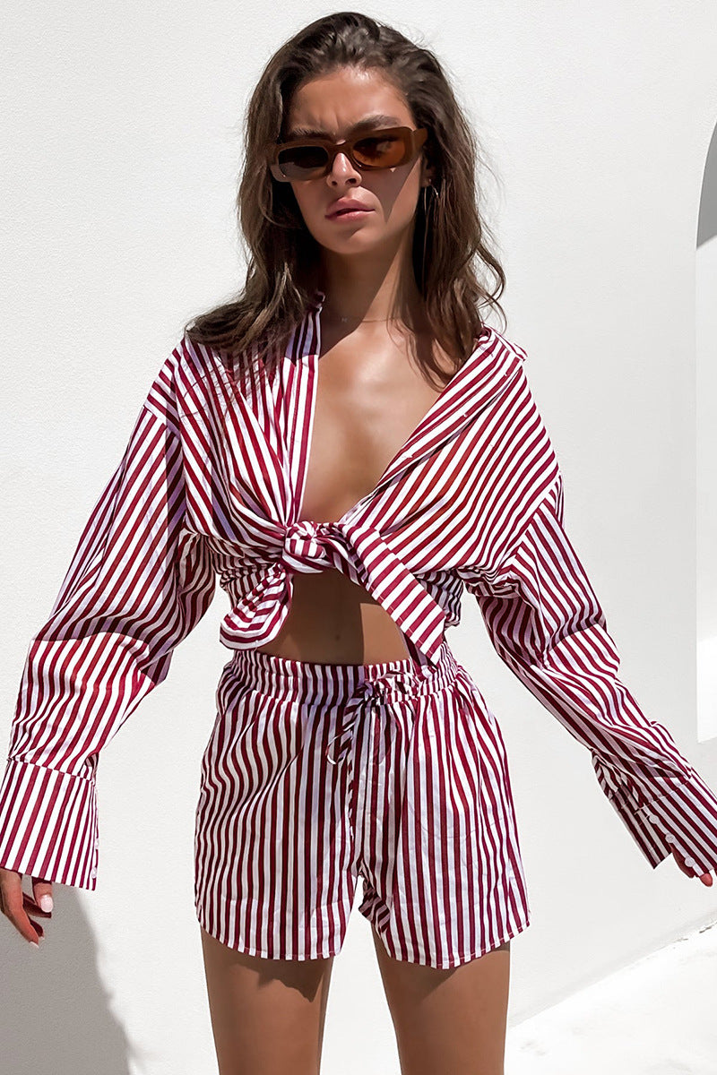 Spring Summer Office Casual Pants Suit Shirt Striped Long-Sleeve Split Two-Piece Set