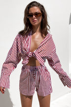 Spring Summer Office Casual Pants Suit Shirt Striped Long-Sleeve Split Two-Piece Set