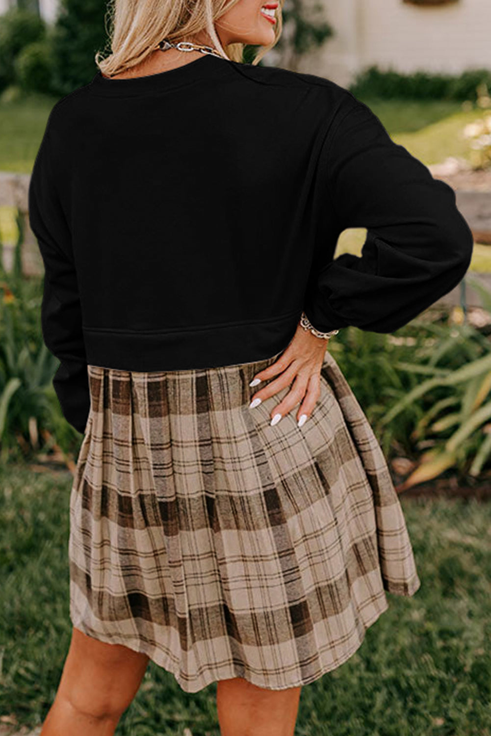 Women's Beige Plaid Patchwork Sweatshirt Mini Dress