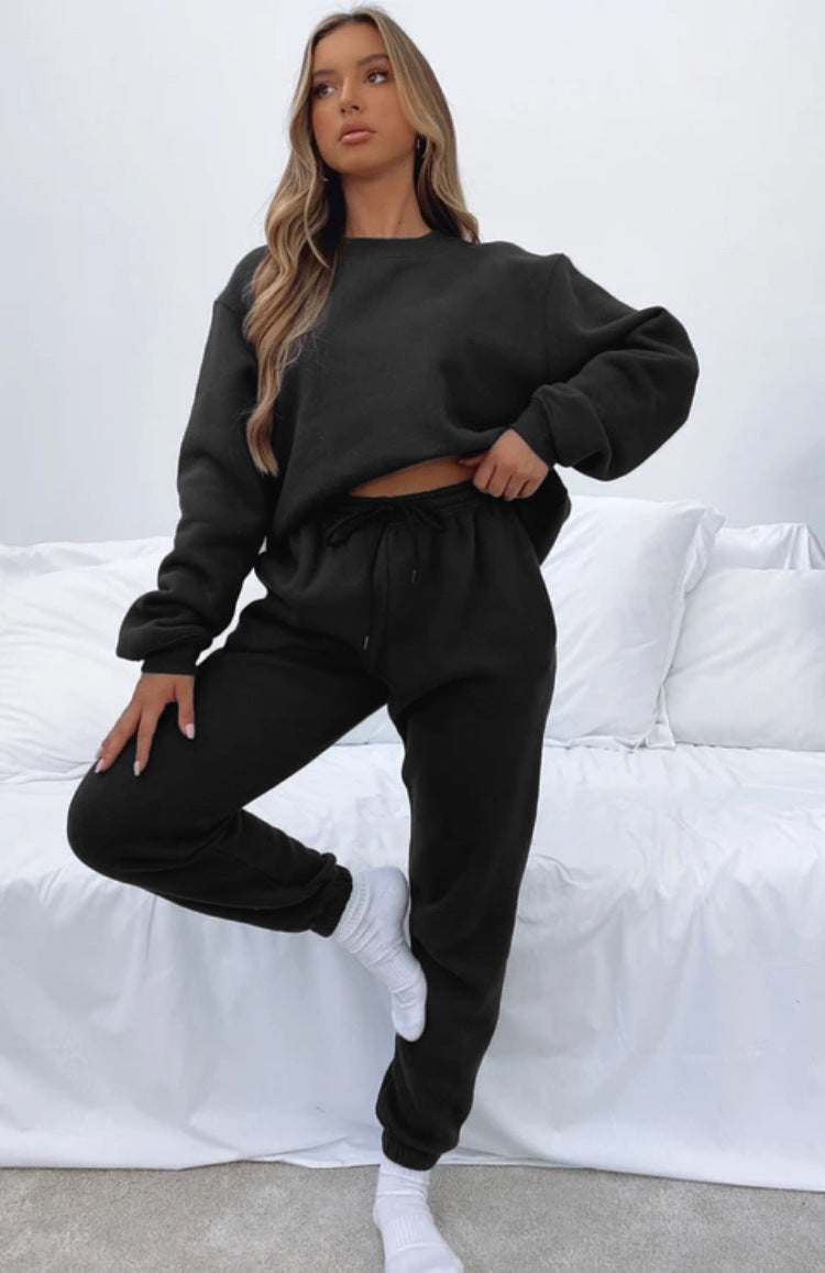 Autumn Winter Solid Color Round-Neck Pullover Casual Long-Sleeve Sweater Suit Set