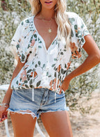 Women's Printed Top Women Summer V-Neck Half Cardigan Short Sleeve Loose Shirt Women